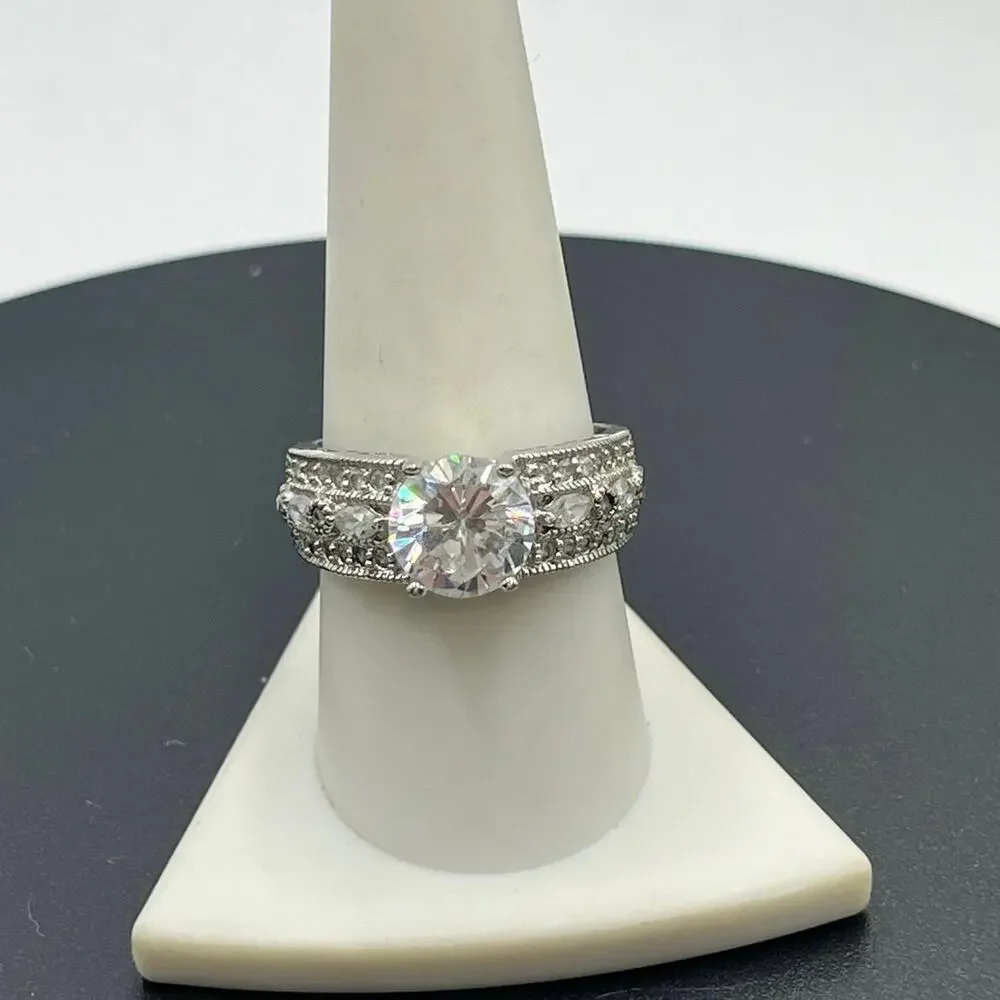 PP Signed 925 Sterling Silver Large Round CZ Engagement Promise Ring Sz‎ 9.5